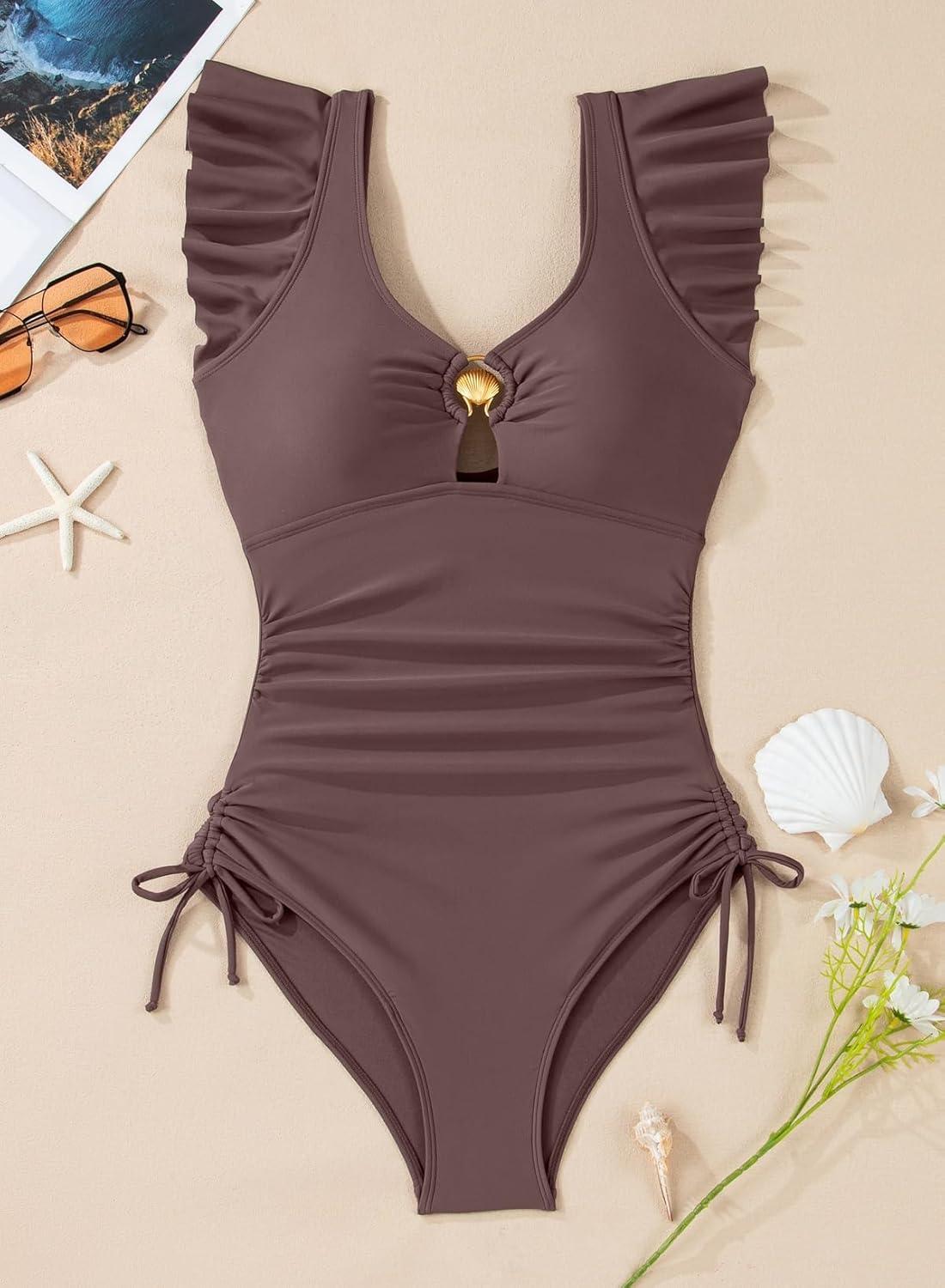 imageAleumdr Womens Tummy Control Swimsuit Ruffle Slimming One Piece Bathing Suit Cutout V Neck High Waist SwimwearCoffee