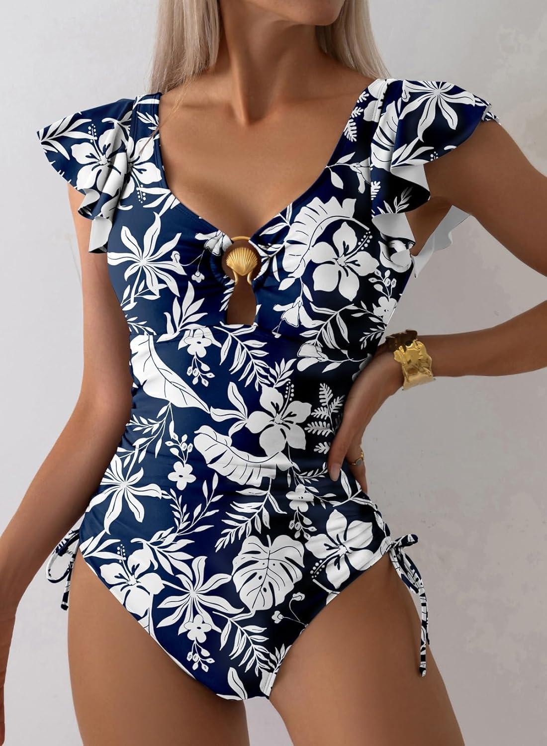 imageAleumdr Womens Tummy Control Swimsuit Ruffle Slimming One Piece Bathing Suit Cutout V Neck High Waist SwimwearPrinted Blue A1