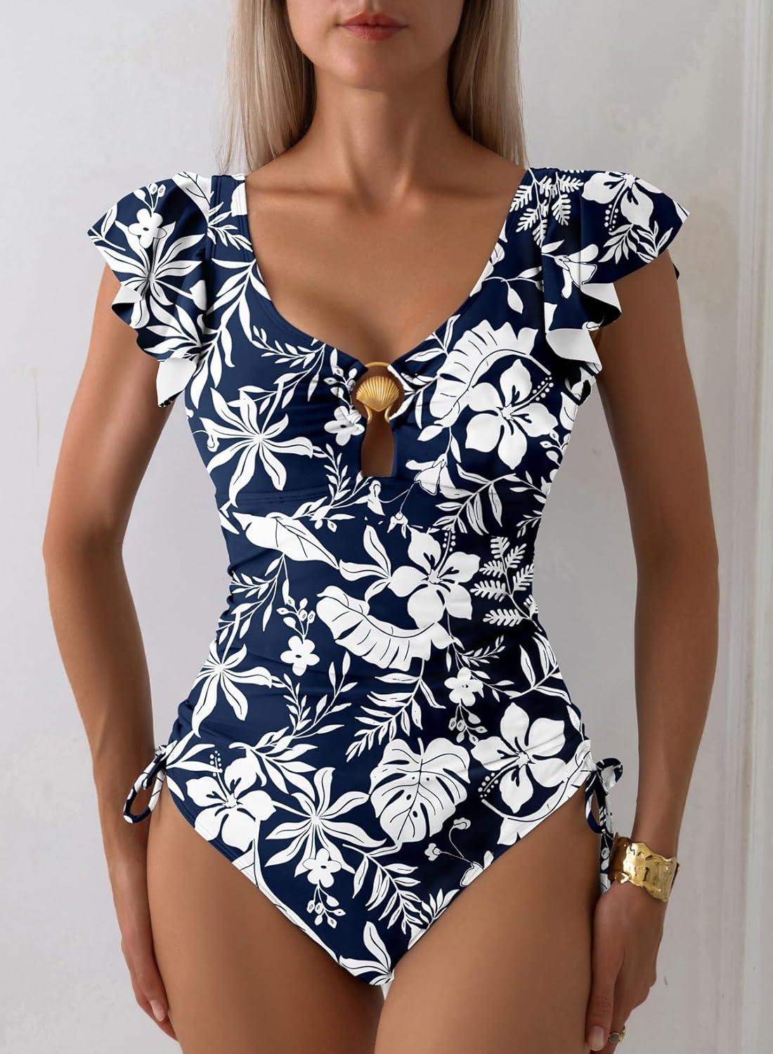 imageAleumdr Womens Tummy Control Swimsuit Ruffle Slimming One Piece Bathing Suit Cutout V Neck High Waist SwimwearPrinted Blue A1