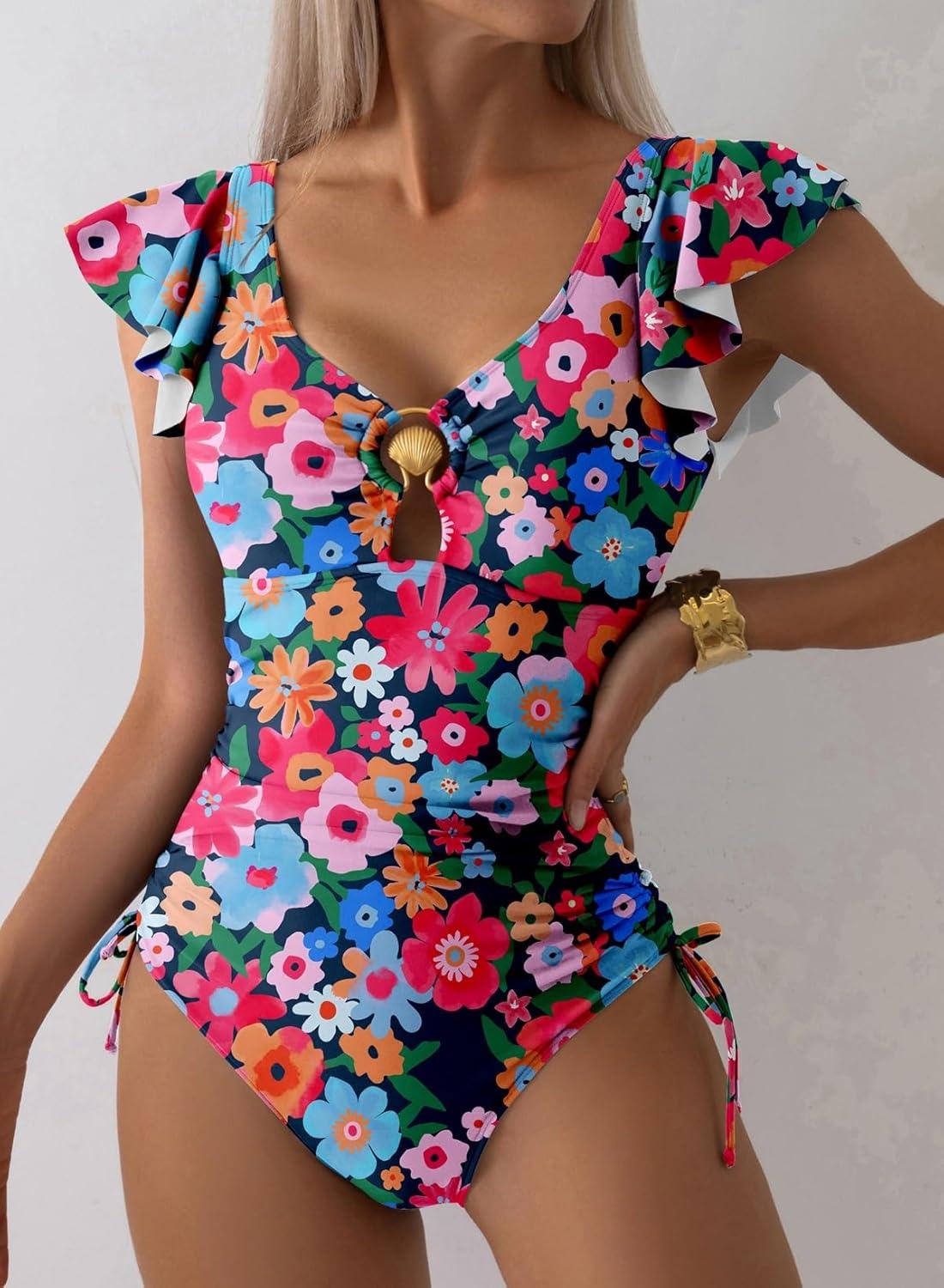 imageAleumdr Womens Tummy Control Swimsuit Ruffle Slimming One Piece Bathing Suit Cutout V Neck High Waist SwimwearPrinted Blue A2