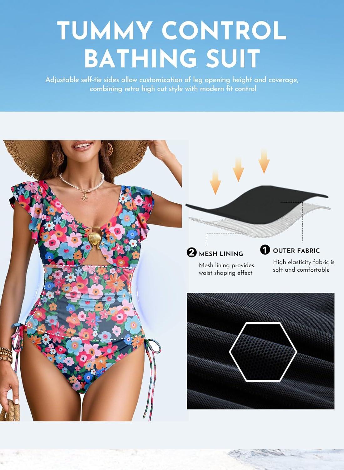 imageAleumdr Womens Tummy Control Swimsuit Ruffle Slimming One Piece Bathing Suit Cutout V Neck High Waist SwimwearPrinted Blue A2