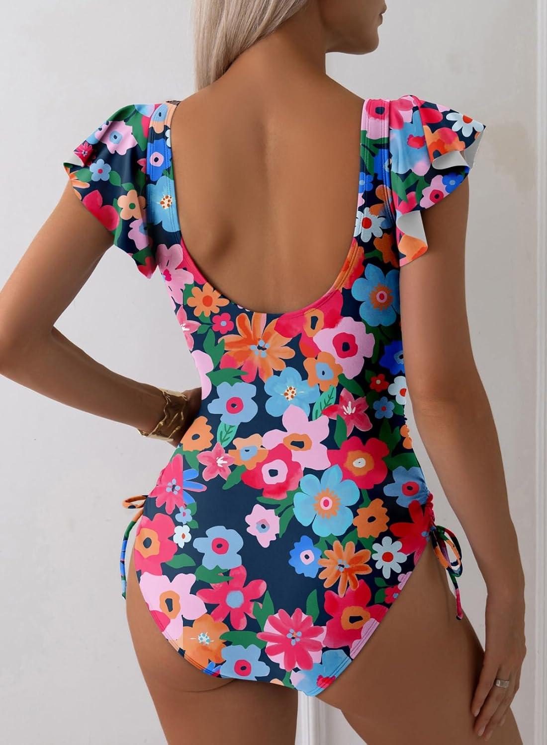 imageAleumdr Womens Tummy Control Swimsuit Ruffle Slimming One Piece Bathing Suit Cutout V Neck High Waist SwimwearPrinted Blue A2