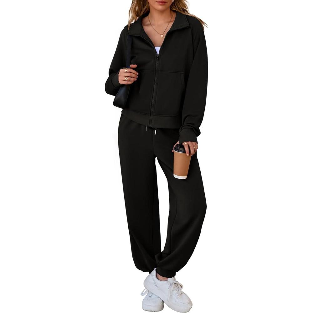 imageAleumdr Womens 2 Piece Outfits Tracksuit Zip Up Long Sleeve Sweatshirt and Joggers Pants Matching Sets with PocketsA1 Black