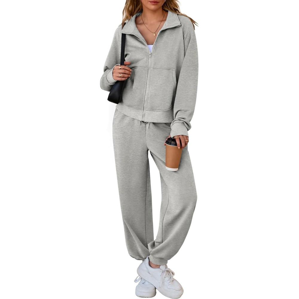 imageAleumdr Womens 2 Piece Outfits Tracksuit Zip Up Long Sleeve Sweatshirt and Joggers Pants Matching Sets with PocketsA2 Gray