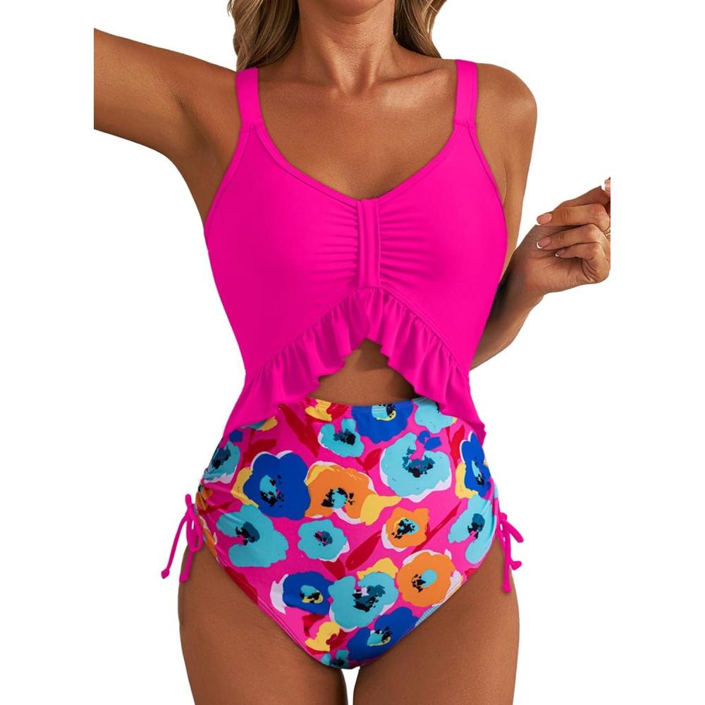 imageAleumdr Womens One Piece Swimsuit Ruffle Slimming Tummy Control Bathing Suits Cutout V Neck High Cut SwimwearRose Red