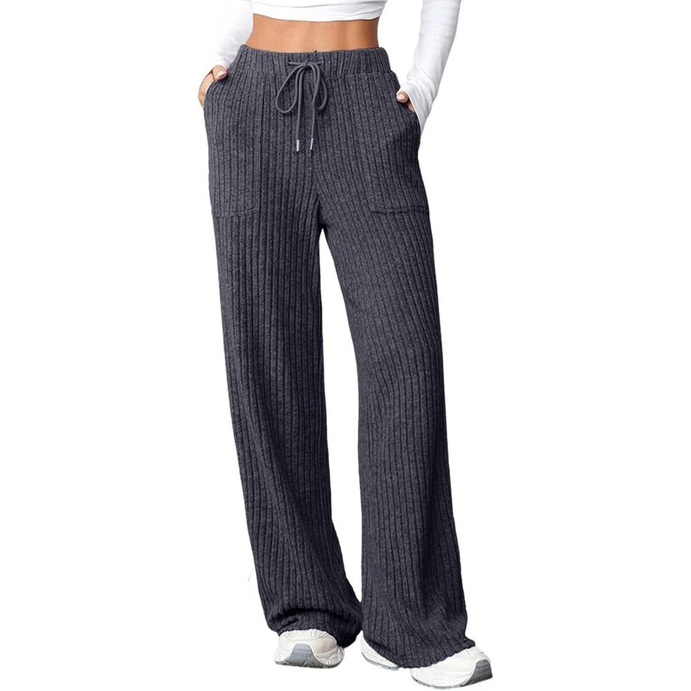 imageAleumdr Womens Ribbed Wide Leg Lounge Pants with Pockets Casual Relaxed Comfy Loose Soft Knit Pajama Pants with DrawstringCarbon Grey