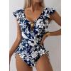 imageAleumdr Womens Tummy Control Swimsuit Ruffle Slimming One Piece Bathing Suit Cutout V Neck High Waist SwimwearPrinted Blue A1