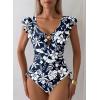 imageAleumdr Womens Tummy Control Swimsuit Ruffle Slimming One Piece Bathing Suit Cutout V Neck High Waist SwimwearPrinted Blue A1