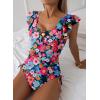 imageAleumdr Womens Tummy Control Swimsuit Ruffle Slimming One Piece Bathing Suit Cutout V Neck High Waist SwimwearPrinted Blue A2