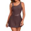 imageAleumdr Womens One Piece Swim Dress Tummy Control Swimsuits Modest Full Coverage Mesh Bathing Suits with SkirtDark Brown