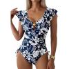 imageAleumdr Womens Tummy Control Swimsuit Ruffle Slimming One Piece Bathing Suit Cutout V Neck High Waist SwimwearPrinted Blue A1