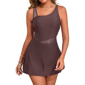 imageAleumdr Womens One Piece Swim Dress Tummy Control Swimsuits Modest Full Coverage Mesh Bathing Suits with SkirtDark Brown