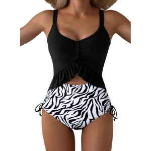 imageAleumdr Womens One Piece Swimsuit Ruffle Slimming Tummy Control Bathing Suits Cutout V Neck High Cut SwimwearBlack