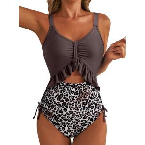 imageAleumdr Womens One Piece Swimsuit Ruffle Slimming Tummy Control Bathing Suits Cutout V Neck High Cut SwimwearLeopard Brown