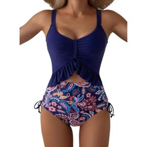 imageAleumdr Womens One Piece Swimsuit Ruffle Slimming Tummy Control Bathing Suits Cutout V Neck High Cut SwimwearNavy Blue