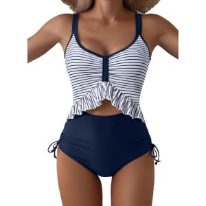 imageAleumdr Womens One Piece Swimsuit Ruffle Slimming Tummy Control Bathing Suits Cutout V Neck High Cut SwimwearStripe Blue