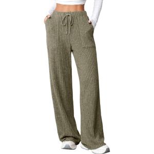 imageAleumdr Womens Ribbed Wide Leg Lounge Pants with Pockets Casual Relaxed Comfy Loose Soft Knit Pajama Pants with DrawstringGreen