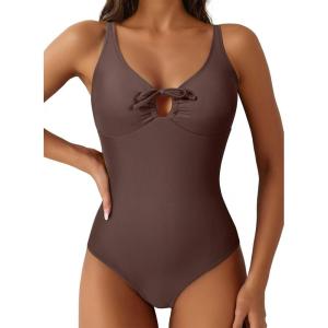 imageAleumdr Womens Tummy Control One Piece Swimsuit V Neck High Cut Bathing Suit Cutout Tie Knot Slimming SwimwearCoffee