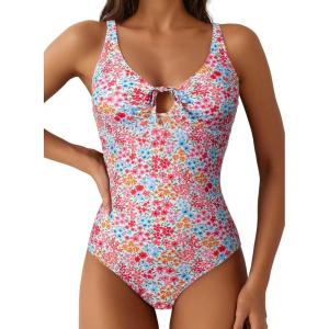 imageAleumdr Womens Tummy Control One Piece Swimsuit V Neck High Cut Bathing Suit Cutout Tie Knot Slimming SwimwearFloral Pink