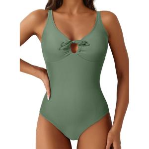 imageAleumdr Womens Tummy Control One Piece Swimsuit V Neck High Cut Bathing Suit Cutout Tie Knot Slimming SwimwearFour Leaf Clover