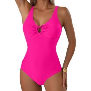 imageAleumdr Womens Tummy Control One Piece Swimsuit V Neck High Cut Bathing Suit Cutout Tie Knot Slimming SwimwearRose Red