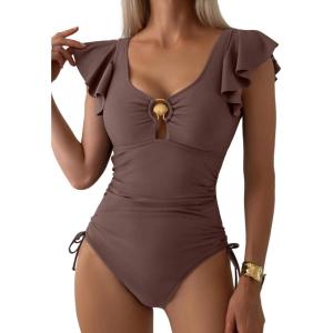 imageAleumdr Womens Tummy Control Swimsuit Ruffle Slimming One Piece Bathing Suit Cutout V Neck High Waist SwimwearCoffee