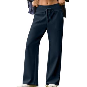 imageAleumdr Lounge Pants for Women Wide Leg Sweatpants High Waisted Baggy Yoga Palazzo Flowy Pants with PocketA3 Navy Blue