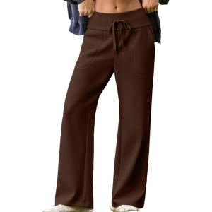 imageAleumdr Lounge Pants for Women Wide Leg Sweatpants High Waisted Baggy Yoga Palazzo Flowy Pants with PocketA4 Brown