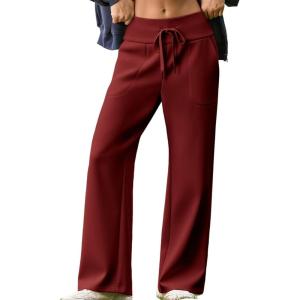 imageAleumdr Lounge Pants for Women Wide Leg Sweatpants High Waisted Baggy Yoga Palazzo Flowy Pants with PocketA5 Wine Red