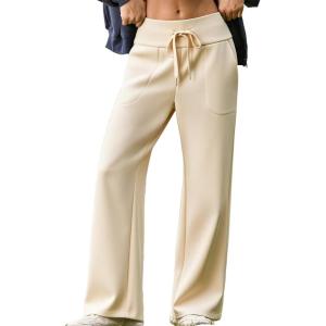 imageAleumdr Lounge Pants for Women Wide Leg Sweatpants High Waisted Baggy Yoga Palazzo Flowy Pants with PocketA6 Beige