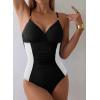 imageAleumdr Women One Piece Swimsuit Tummy Control V Neck Ruched Bathing Suit Push Up Gold Metal Modest Slimming SwimwearBlack