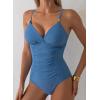imageAleumdr Women One Piece Swimsuit Tummy Control V Neck Ruched Bathing Suit Push Up Gold Metal Modest Slimming SwimwearBlue