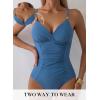 imageAleumdr Women One Piece Swimsuit Tummy Control V Neck Ruched Bathing Suit Push Up Gold Metal Modest Slimming SwimwearBlue