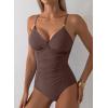 imageAleumdr Women One Piece Swimsuit Tummy Control V Neck Ruched Bathing Suit Push Up Gold Metal Modest Slimming SwimwearCoffee