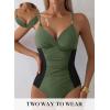 imageAleumdr Women One Piece Swimsuit Tummy Control V Neck Ruched Bathing Suit Push Up Gold Metal Modest Slimming SwimwearGreen