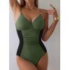 imageAleumdr Women One Piece Swimsuit Tummy Control V Neck Ruched Bathing Suit Push Up Gold Metal Modest Slimming SwimwearGreen
