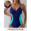 imageAleumdr Women One Piece Swimsuit Tummy Control V Neck Ruched Bathing Suit Push Up Gold Metal Modest Slimming SwimwearNavy Blue