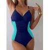 imageAleumdr Women One Piece Swimsuit Tummy Control V Neck Ruched Bathing Suit Push Up Gold Metal Modest Slimming SwimwearNavy Blue