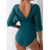 imageAleumdr Womens One Piece Swimsuit Modest Tummy Control Bathing Suit V Neck Mesh Sleeve Slimming Swimwear BeachwearGreen