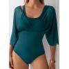 imageAleumdr Womens One Piece Swimsuit Modest Tummy Control Bathing Suit V Neck Mesh Sleeve Slimming Swimwear BeachwearGreen
