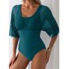 imageAleumdr Womens One Piece Swimsuit Modest Tummy Control Bathing Suit V Neck Mesh Sleeve Slimming Swimwear BeachwearGreen