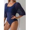 imageAleumdr Womens One Piece Swimsuit Modest Tummy Control Bathing Suit V Neck Mesh Sleeve Slimming Swimwear BeachwearNavy Blue