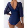 imageAleumdr Womens One Piece Swimsuit Modest Tummy Control Bathing Suit V Neck Mesh Sleeve Slimming Swimwear BeachwearNavy Blue