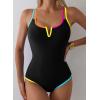 imageAleumdr Womens One Piece Swimsuit Tummy Control V Wired Slimming Bathing Suit Color Block Printed SwimwearBlack