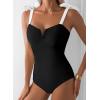 imageAleumdr Womens One Piece Swimsuits Tummy Control Bathing Suits V Neck Boho Tie Shoulder Ruched Full Coverage SwimwearBlack