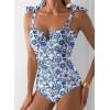 imageAleumdr Womens One Piece Swimsuits Tummy Control Bathing Suits V Neck Boho Tie Shoulder Ruched Full Coverage SwimwearBlue