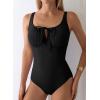 imageAleumdr Womens Textured One Piece Swimsuit Tummy Control Bathing Suit with Bow Tie Knot Cutout Ruching SwimwearBlack