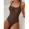 imageAleumdr Womens Textured One Piece Swimsuit Tummy Control Bathing Suit with Bow Tie Knot Cutout Ruching SwimwearCoffee