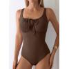 imageAleumdr Womens Textured One Piece Swimsuit Tummy Control Bathing Suit with Bow Tie Knot Cutout Ruching SwimwearCoffee