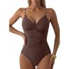 imageAleumdr Women One Piece Swimsuit Tummy Control V Neck Ruched Bathing Suit Push Up Gold Metal Modest Slimming SwimwearCoffee